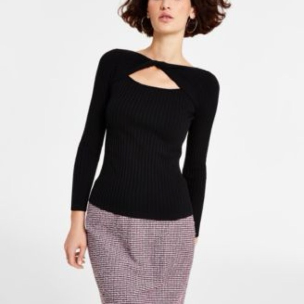 Bar III Black Fitted Long Sleeve Cutout Top Sweater Small